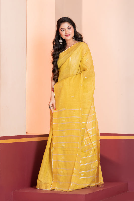 yellow tissue linen jamdani saree
