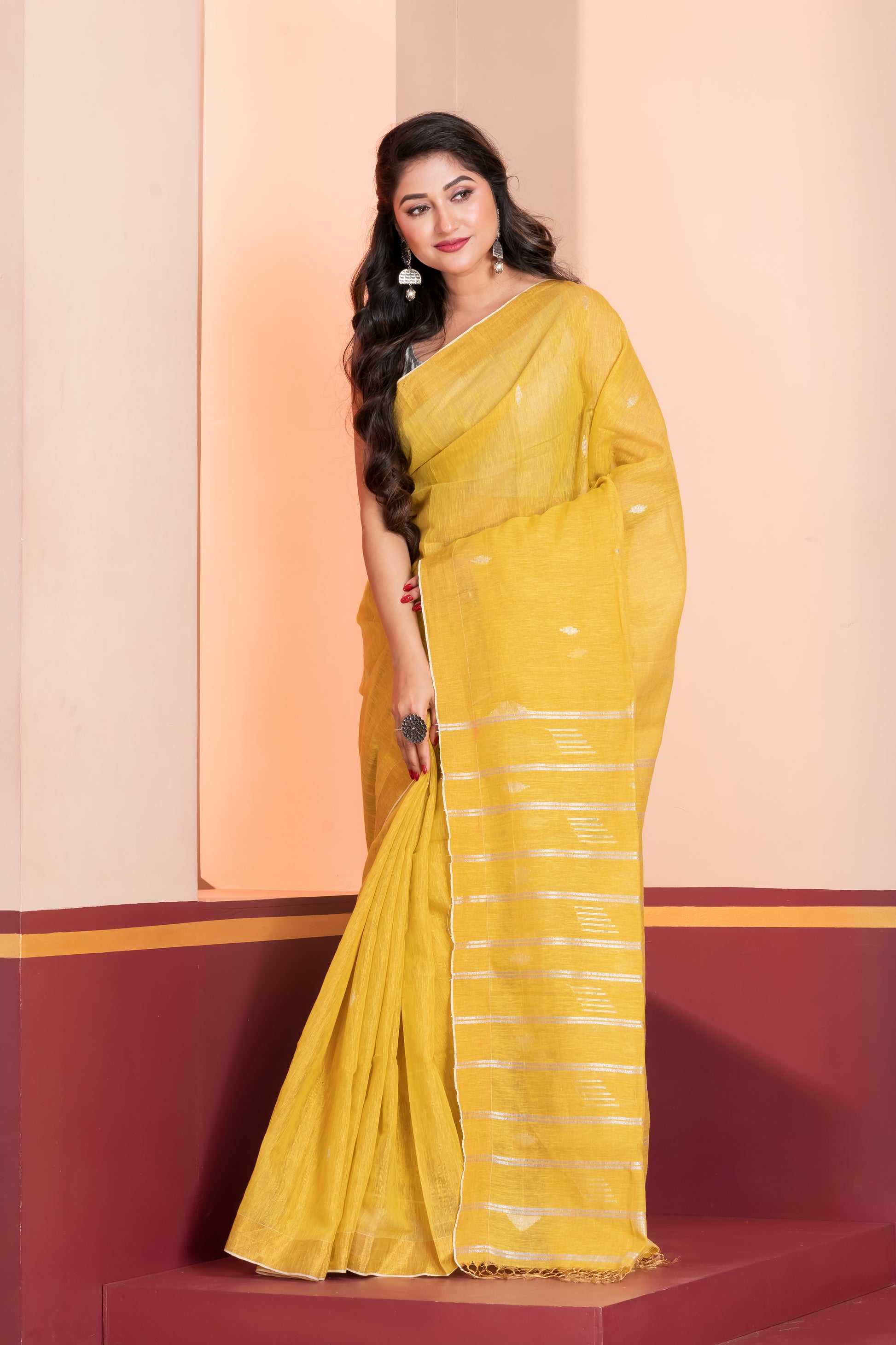 yellow tissue linen jamdani saree