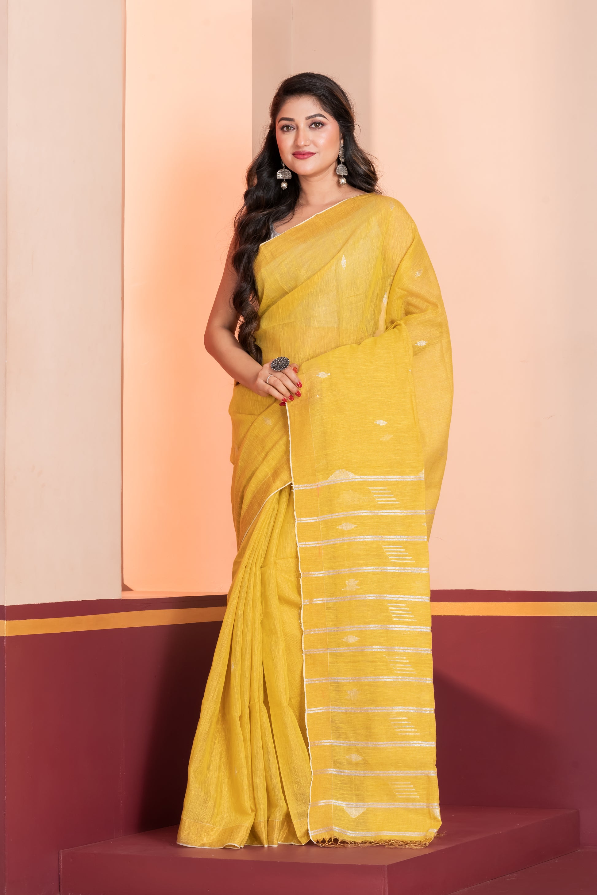 yellow tissue linen jamdani saree