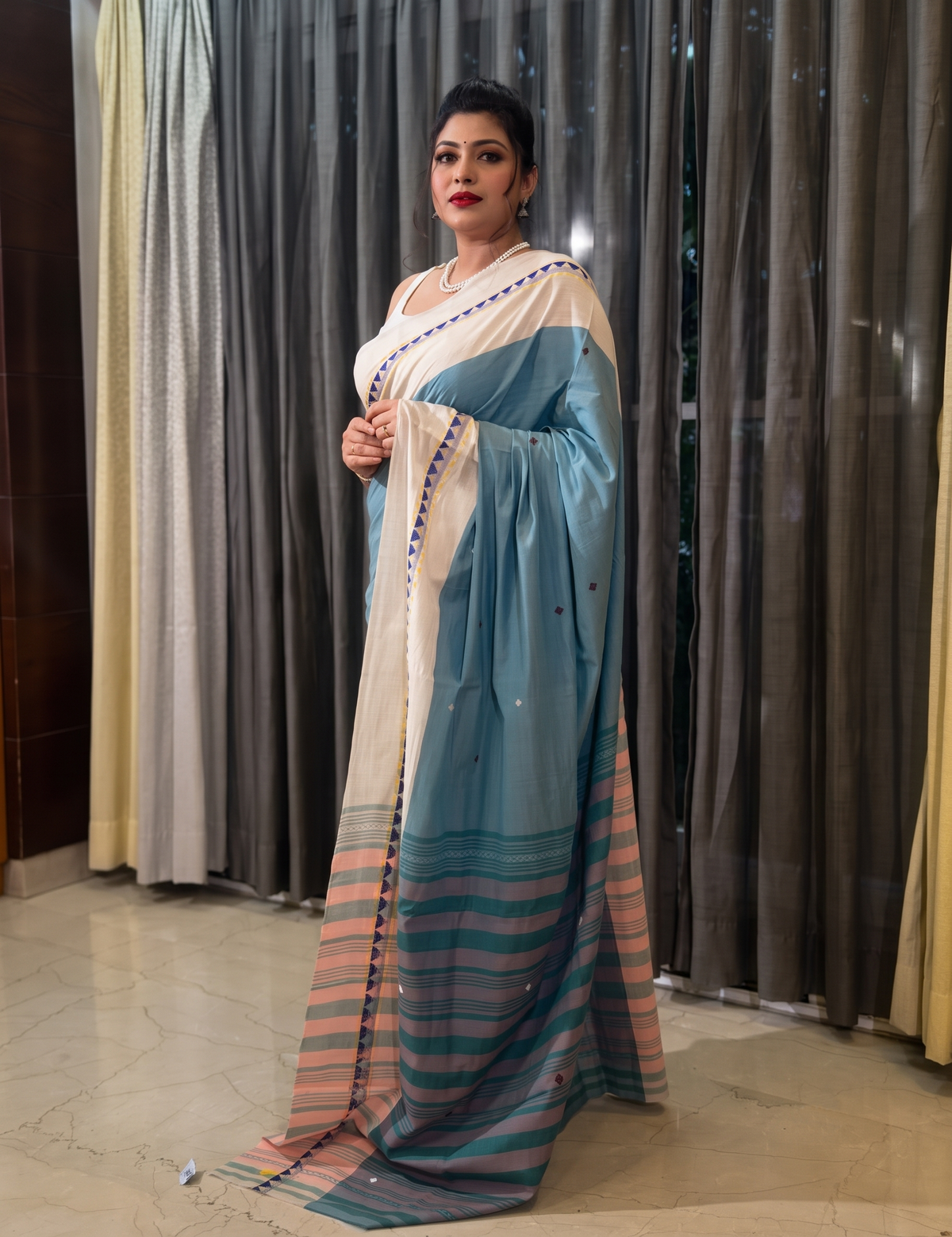 light blue and cream saree Pure Cotton Handwoven Saree