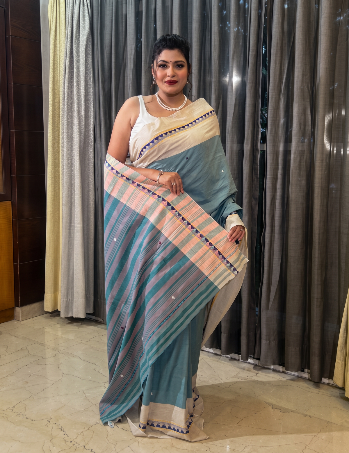 light blue and cream saree Pure Cotton Handwoven Saree