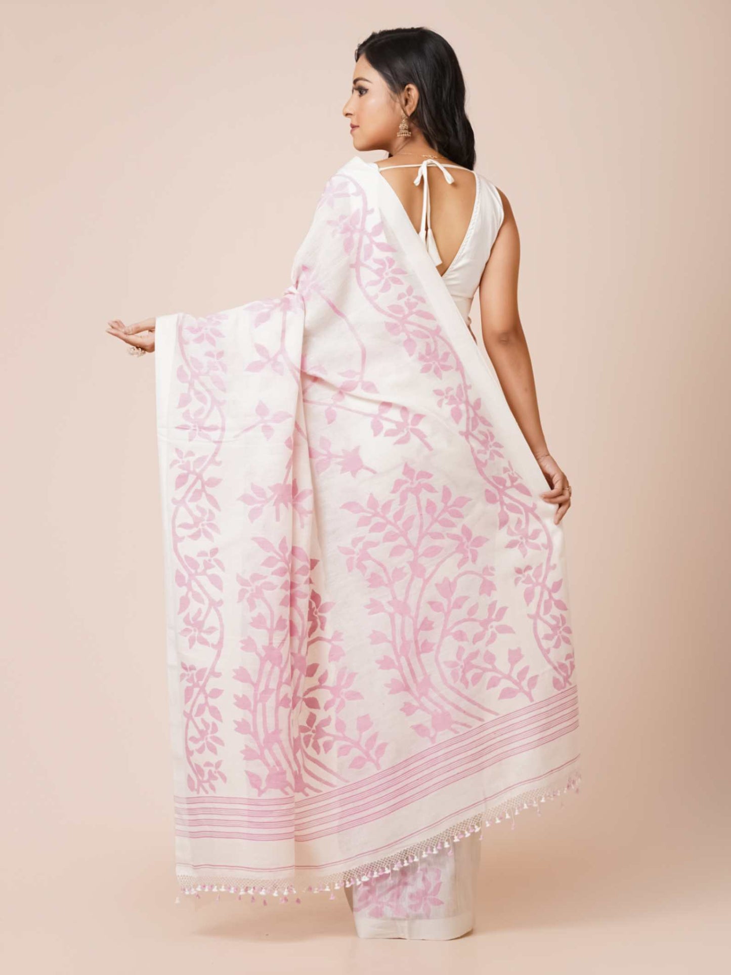 Jamdani Soft Cotton Saree in white color with pink floral prints