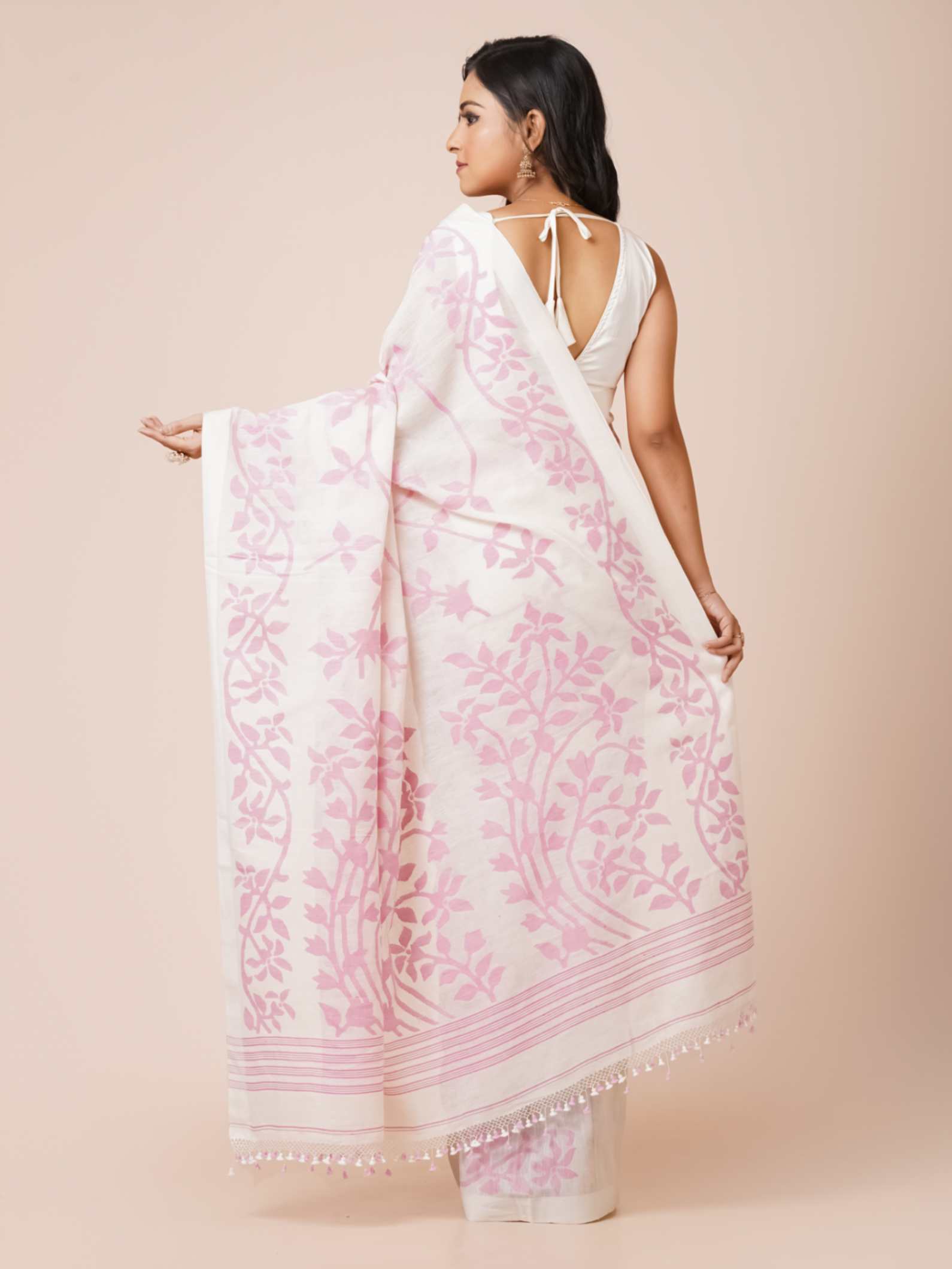 Jamdani Soft Cotton Saree in white color with pink floral prints