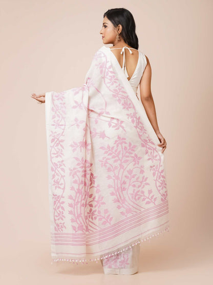 Jamdani Soft Cotton Saree in white color with pink floral prints