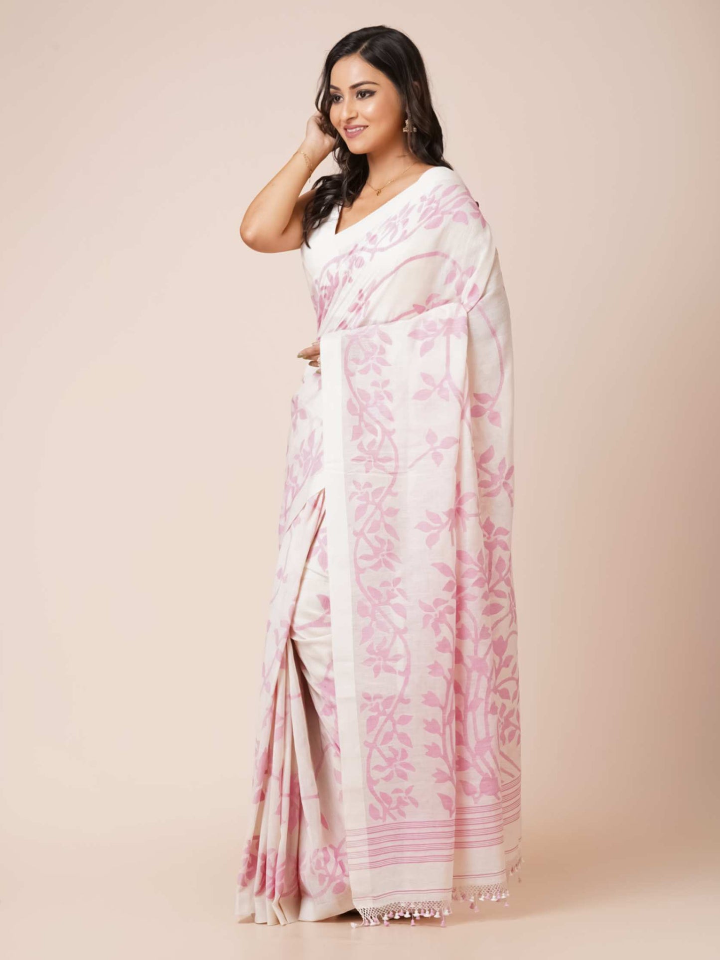 Jamdani Soft Cotton Saree in white color with pink floral prints