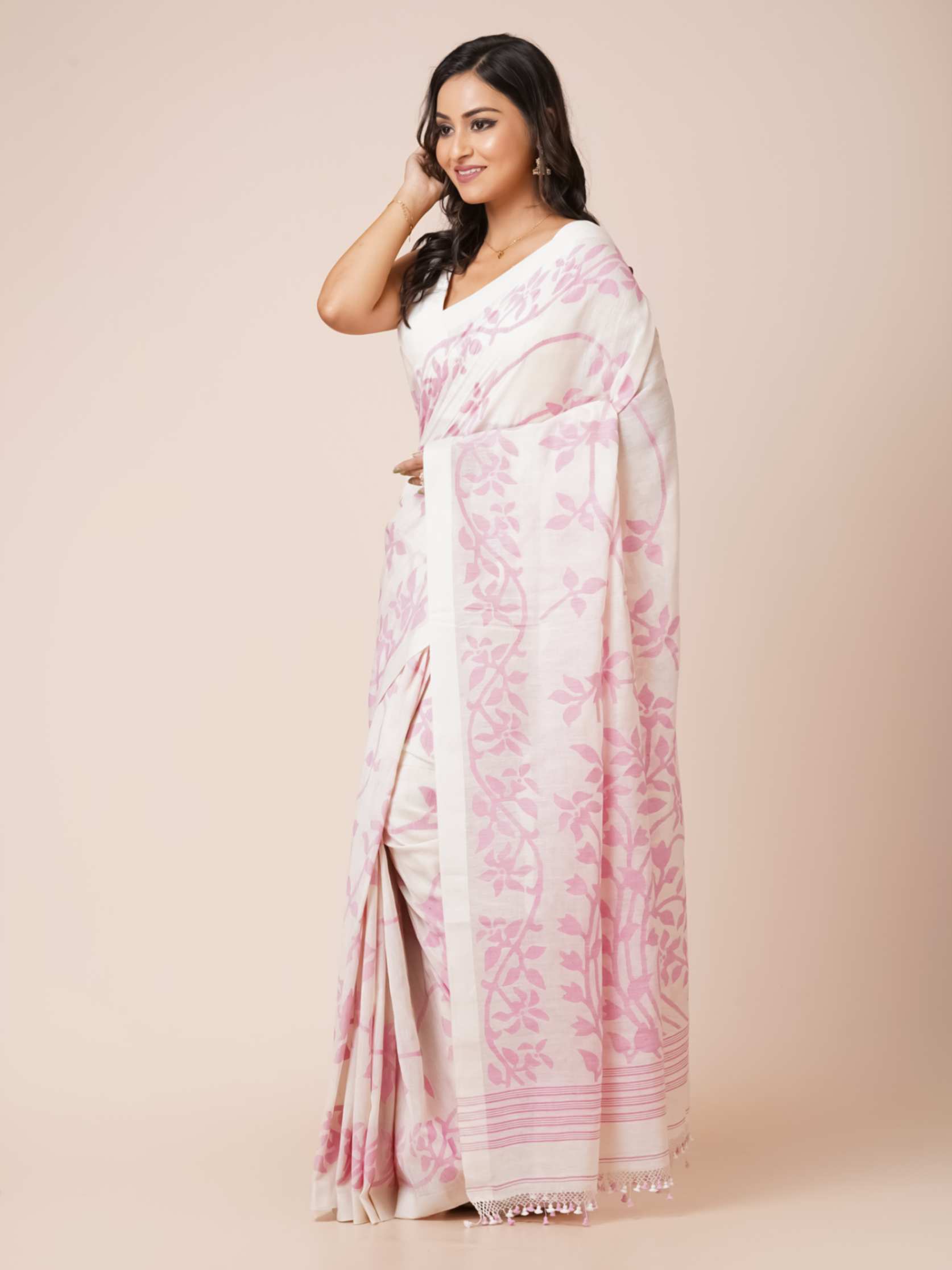 Jamdani Soft Cotton Saree in white color with pink floral prints