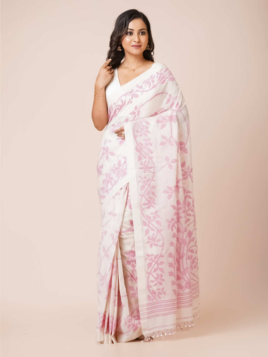 Jamdani Soft Cotton Saree in white color with pink floral prints