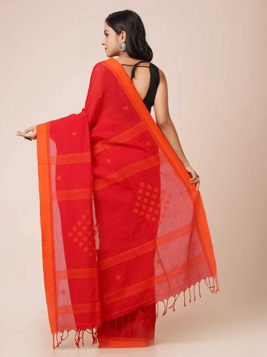 Red & Orange Khadi Cotton Saree