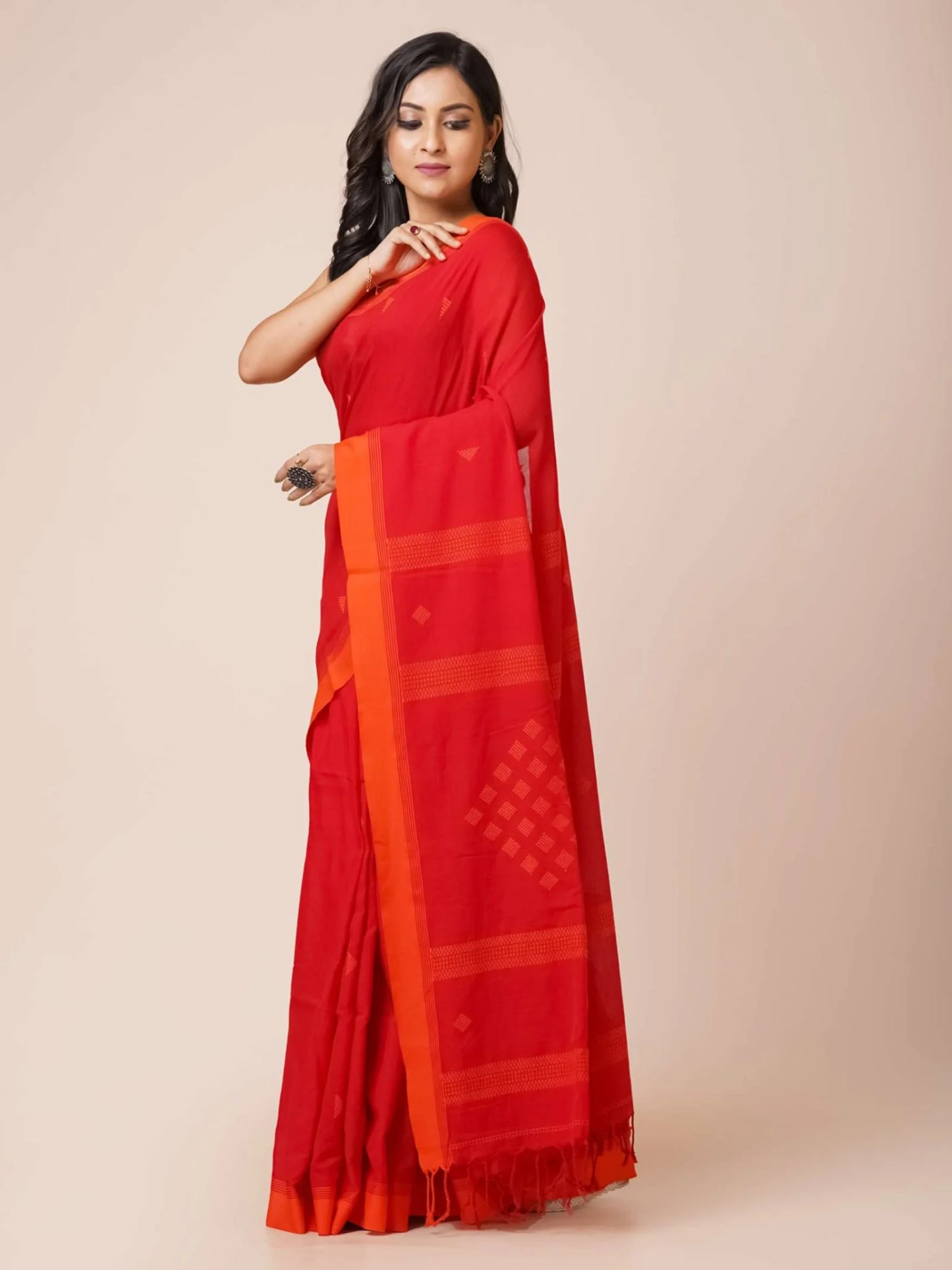 Red & Orange Khadi Cotton Saree