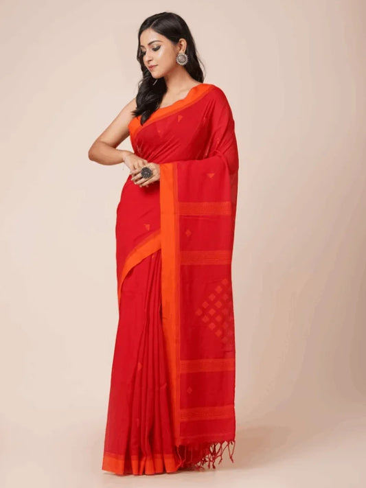 Red & Orange Khadi Cotton Saree