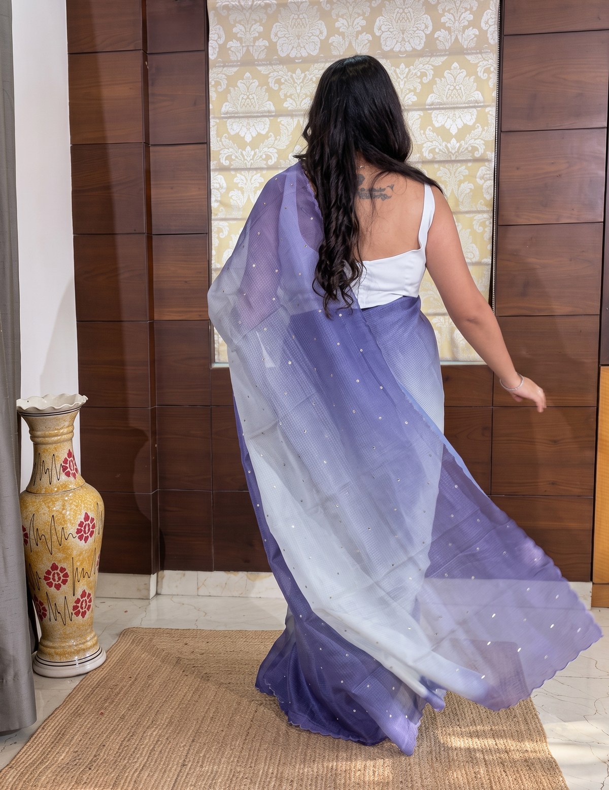 Purple and white Blended  silk Kota  ombre Design Saree