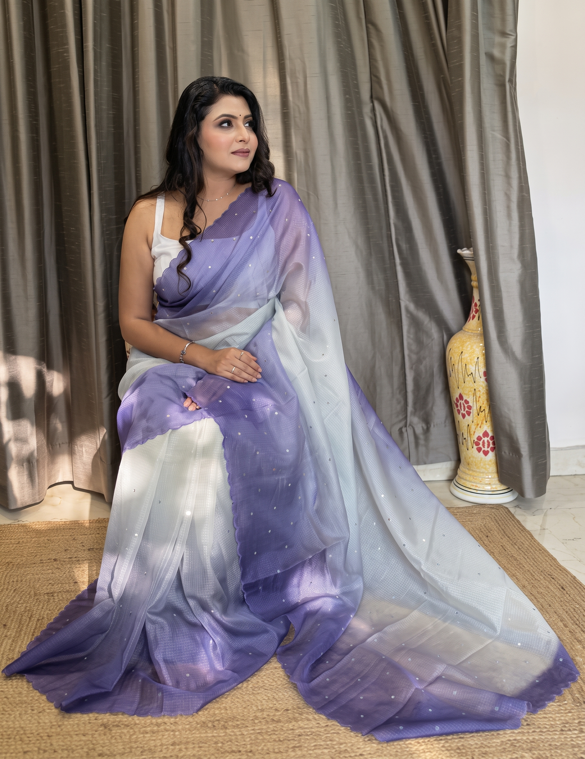 Purple and white Blended  silk Kota  ombre Design Saree