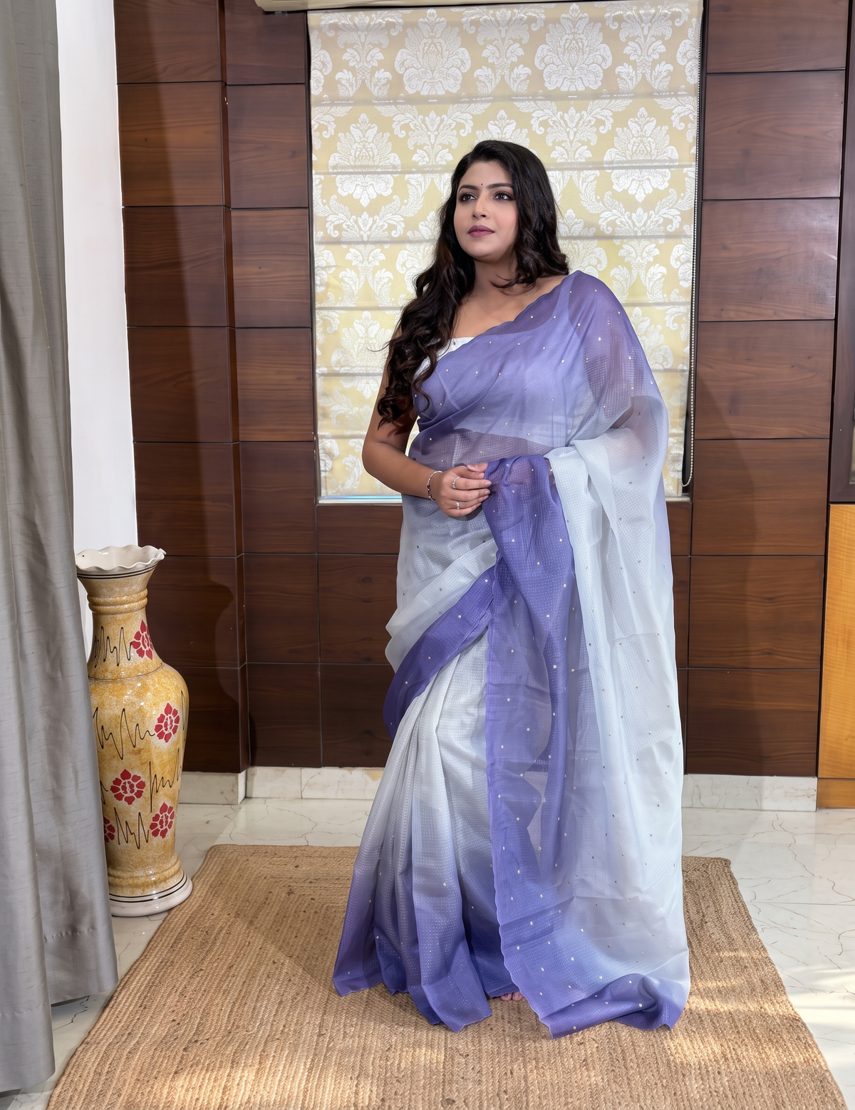 Purple and white Blended  silk Kota  ombre Design Saree