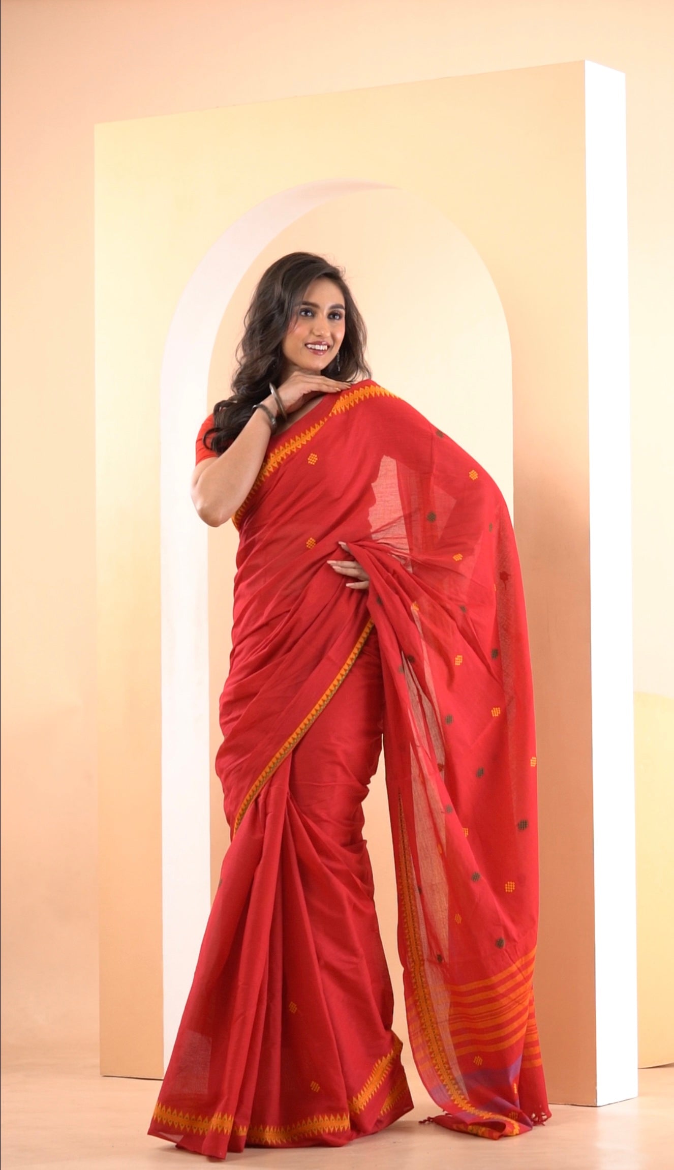 Red - Dhonekhali Pure Cotton Saree