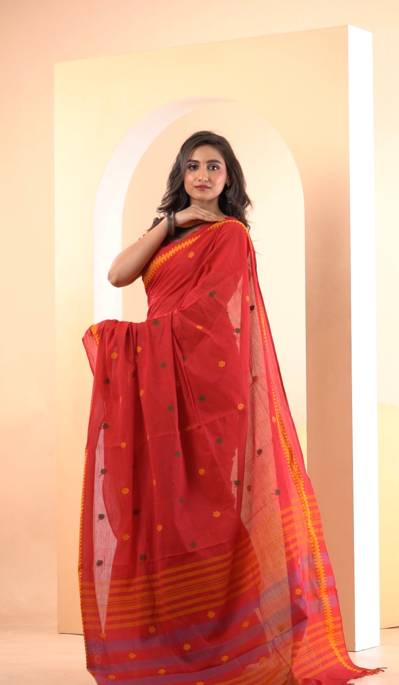 Red - Dhonekhali Pure Cotton Saree