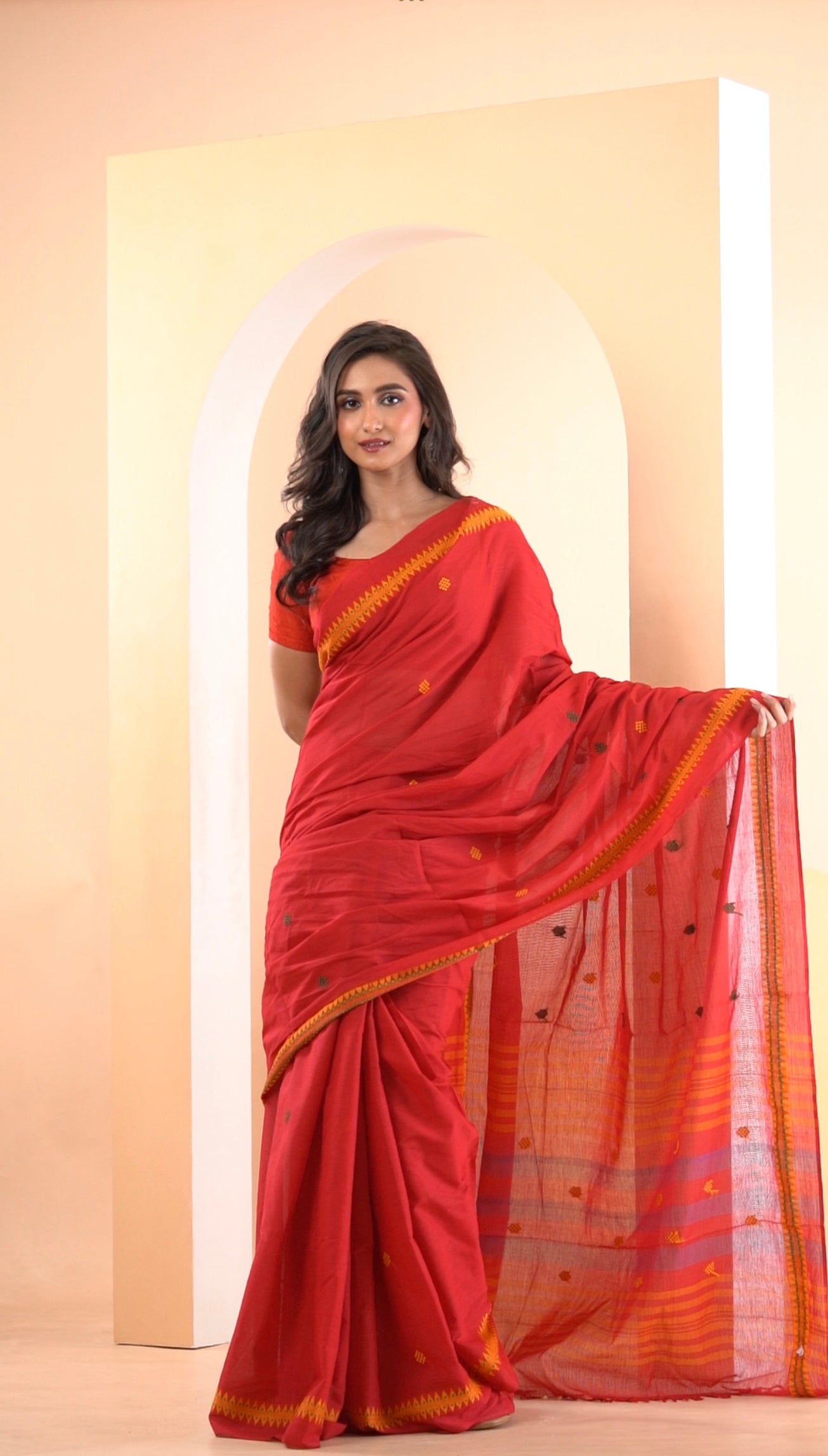 Red - Dhonekhali Pure Cotton Saree
