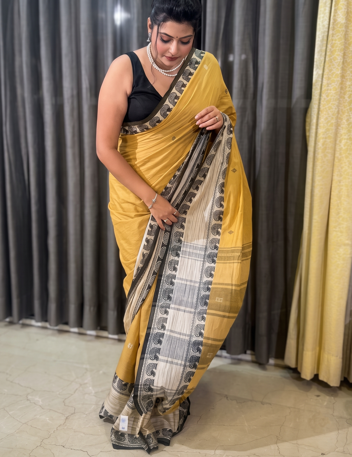 Mustard Yellow Pure Cotton  Handwoven Dhonekhali saree