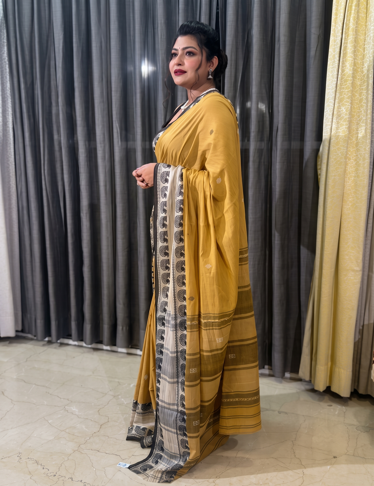 Mustard Yellow Pure Cotton  Handwoven Dhonekhali saree