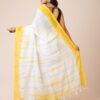 White with yellow Mul Cotton Power Loom Sarees