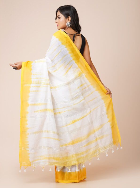 White with yellow Mul Cotton Power Loom Sarees