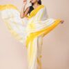 White with yellow Mul Cotton Power Loom Sarees