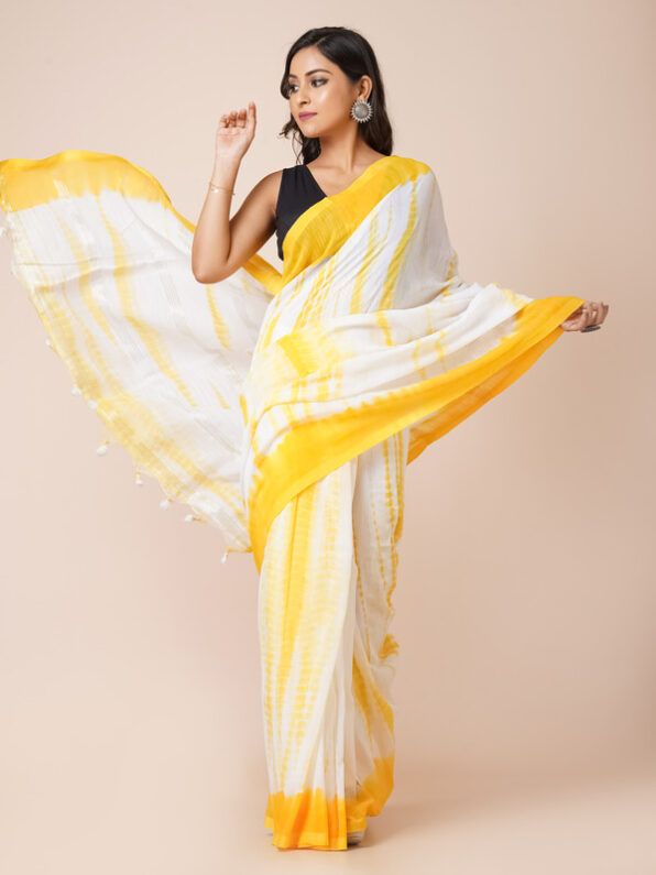 White with yellow Mul Cotton Power Loom Sarees