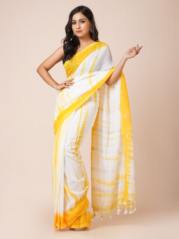 White with yellow Mul Cotton Power Loom Sarees