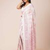 Jamdani Soft Cotton Saree in white color with pink floral prints