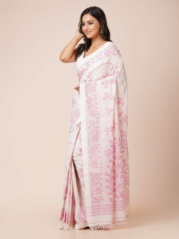 Jamdani Soft Cotton Saree in white color with pink floral prints