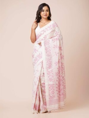 Soft Cotton Jamdani Handspun Pink Floral Saree