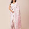 Jamdani Soft Cotton Saree in white color with pink floral prints