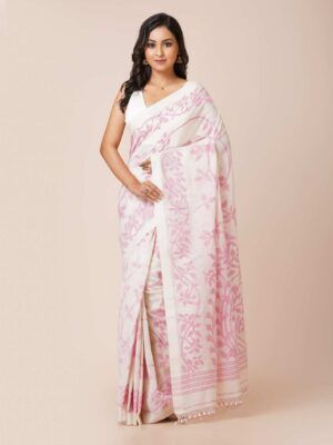 Soft Cotton Jamdani Handspun Pink Floral Saree