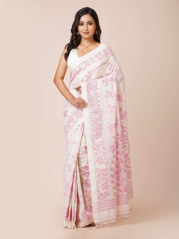 Jamdani Soft Cotton Saree in white color with pink floral prints