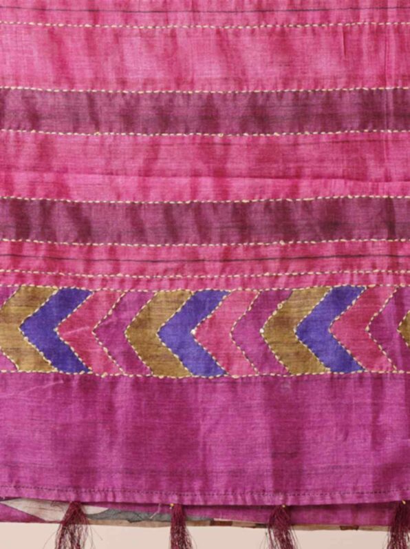 Kantha Stitch Tussar Silk Saree in the color of beige with purple, pink, and grey accents.