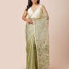 Original Muslin Saree with Jamdani Bird and Tree Motifs and Gold Zari Border