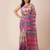 Kantha Stitch Tussar Silk Saree in the color of beige with purple, pink, and grey accents.