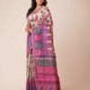 Kantha Stitch Tussar Silk Saree in the color of beige with purple, pink, and grey accents.