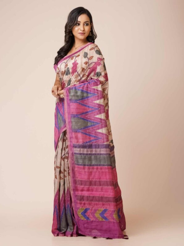 Kantha Stitch Tussar Silk Saree in the color of beige with purple, pink, and grey accents.