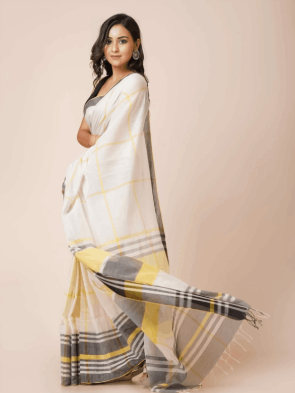 White mul cotton handloom saree with yellow and gray geometric stripes and a contrasting pallu