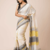 White mul cotton handloom saree with yellow and gray geometric stripes and a contrasting pallu