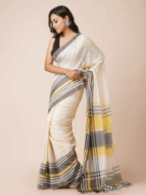 Mulmul Cotton Handloom Saree (White and Grey)