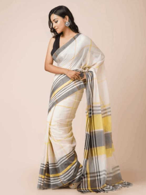 White mul cotton handloom saree with yellow and gray geometric stripes and a contrasting pallu