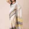 White mul cotton handloom saree with yellow and gray geometric stripes and a contrasting pallu