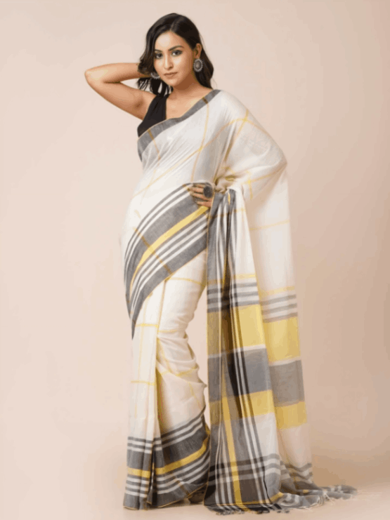 White mul cotton handloom saree with yellow and gray geometric stripes and a contrasting pallu