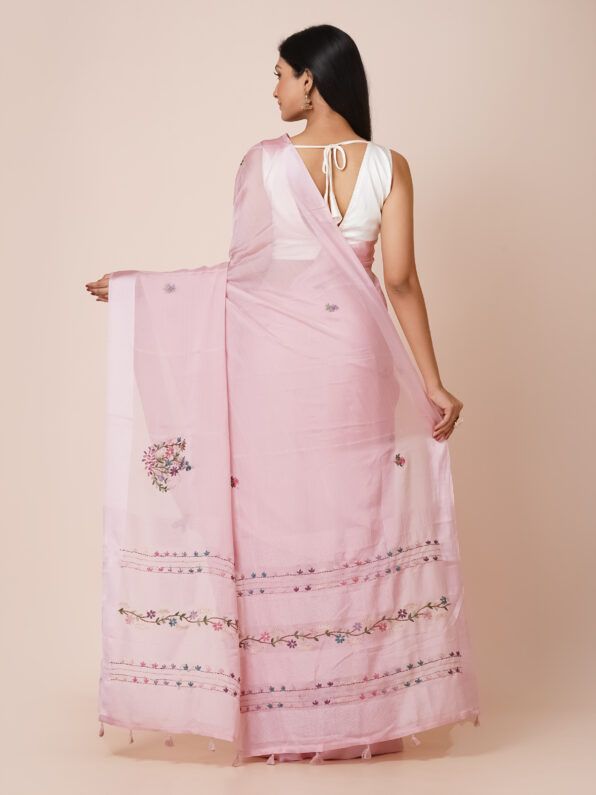 Fancy Embroidery Crepe Saree with Floral Motifs and White Satin Border
