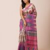 Kantha Stitch Tussar Silk Saree in the color of beige with purple, pink, and grey accents.