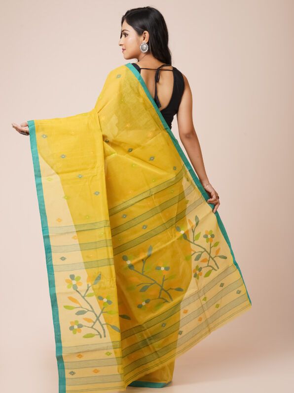 A bright yellow Handloom Jamdani Cotton saree with intricate pastel floral motifs and a contrasting turquoise blue border.