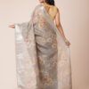 Fancy Tussar Silk Saree with Floral Print and Silver Zari Border