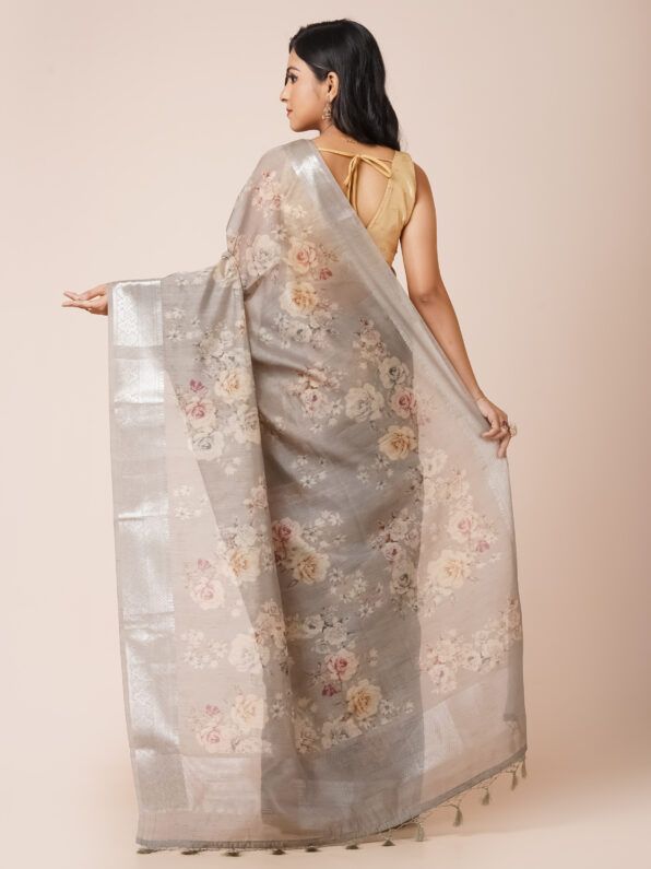 Fancy Tussar Silk Saree with Floral Print and Silver Zari Border