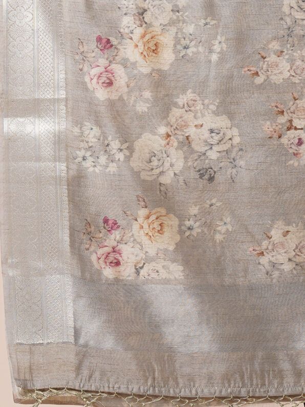 Fancy Tussar Silk Saree with Floral Print and Silver Zari Border